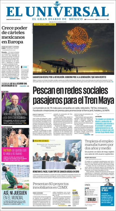 Portada de El Universal del miércoles, 19 de noviembre de 2025