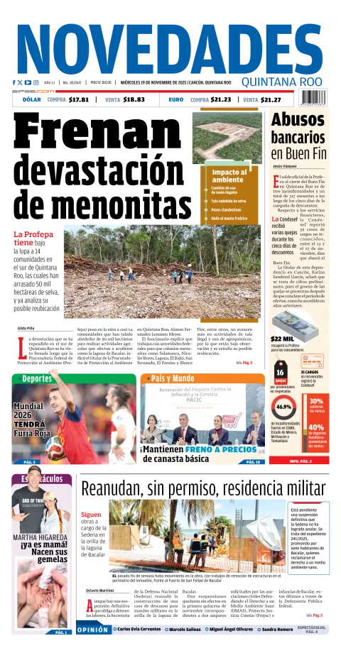 Portada de Novedades Quintana Roo del miércoles, 19 de noviembre de 2025