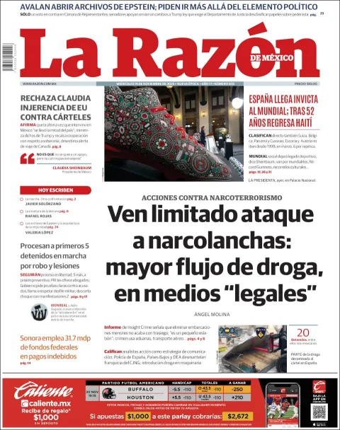 Portada de La Razon del miércoles, 19 de noviembre de 2025
