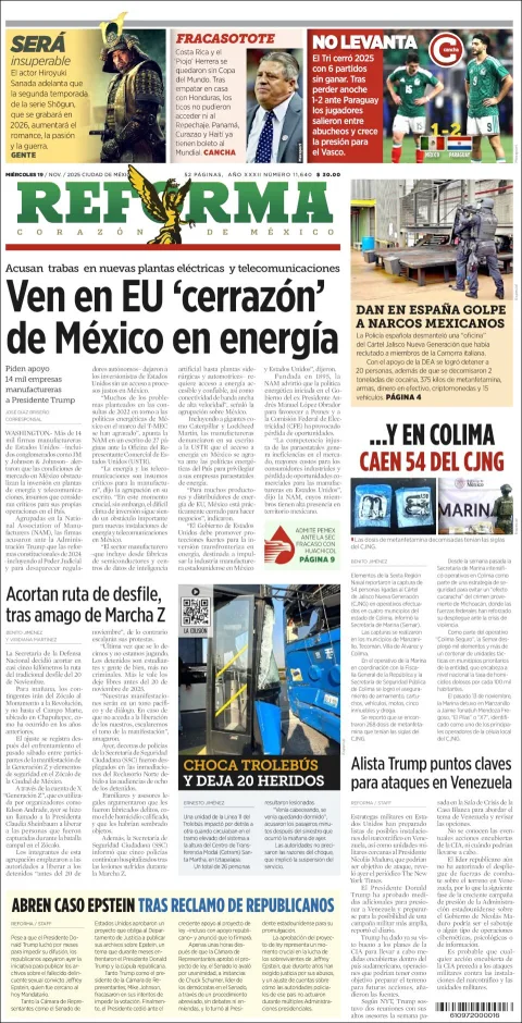 Portada de Reforma del miércoles, 19 de noviembre de 2025