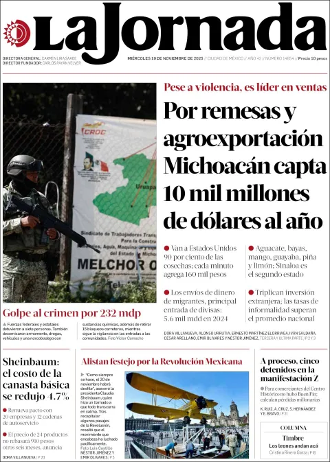 Portada de La Jornada del miércoles, 19 de noviembre de 2025