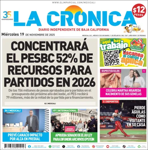 Portada de La Cronica del miércoles, 19 de noviembre de 2025