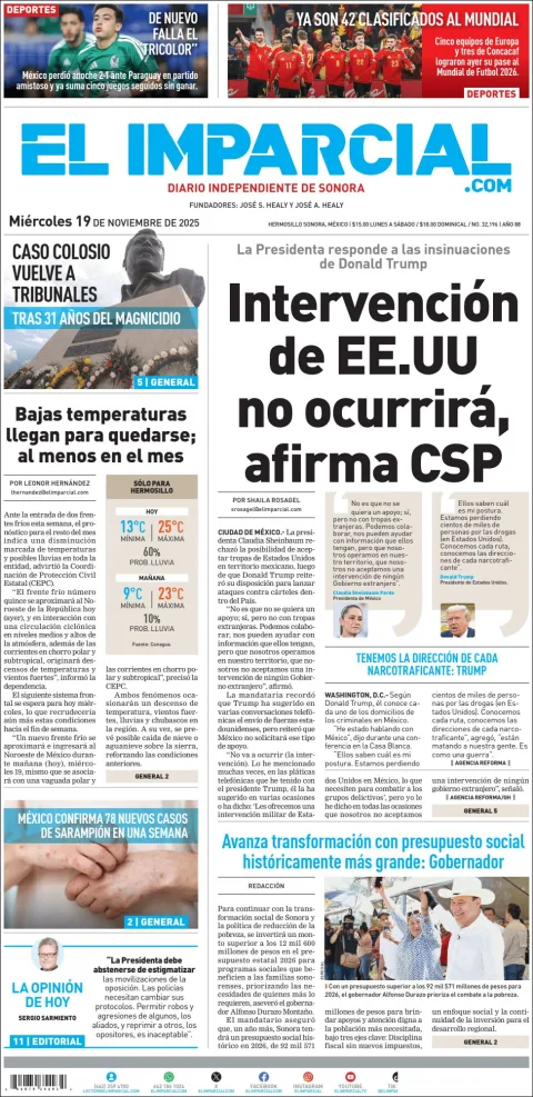 Portada de El Imparcial del miércoles, 19 de noviembre de 2025