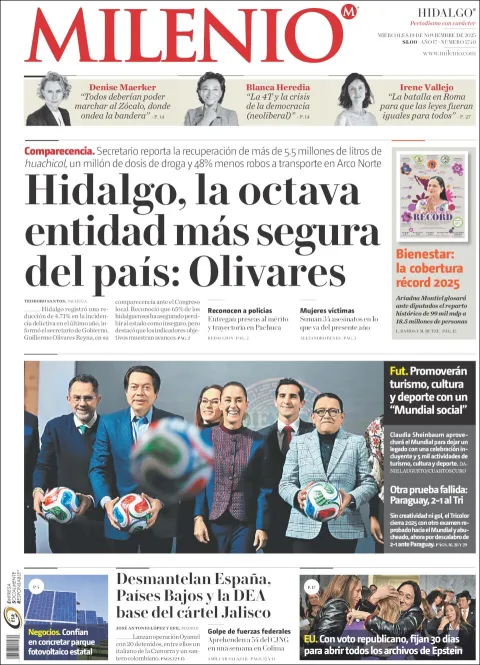 Portada de Milenio Hidalgo del miércoles, 19 de noviembre de 2025