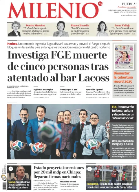 Portada de Milenio Puebla del miércoles, 19 de noviembre de 2025