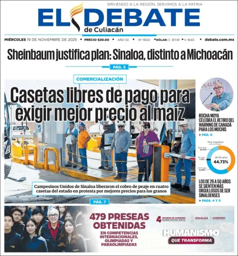 Portada de El Debate de Culiacan del miércoles, 19 de noviembre de 2025