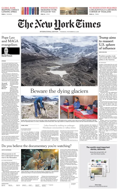 Portada de The New York Times (international) del jueves, 20 de noviembre de 2025