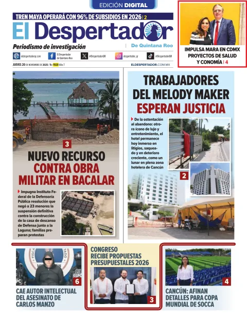 Portada de El Despertador de Quintana Roo del jueves, 20 de noviembre de 2025