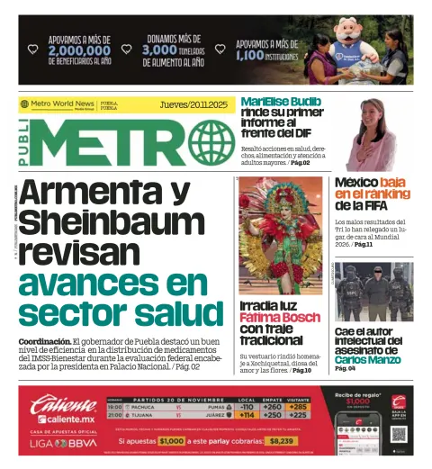 Portada de Publimetro Puebla del jueves, 20 de noviembre de 2025