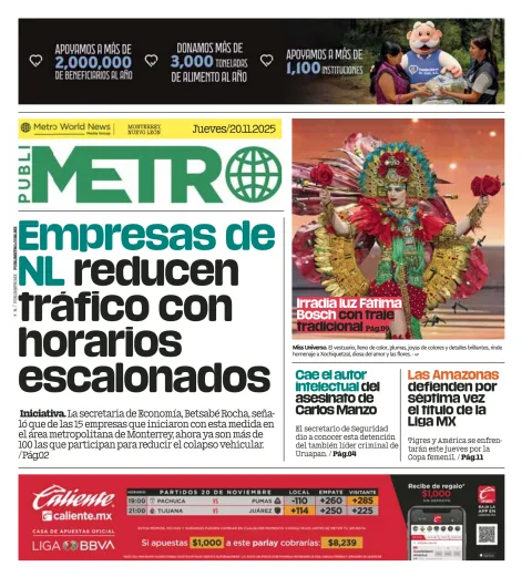 Portada de Publimetro Monterrey del jueves, 20 de noviembre de 2025