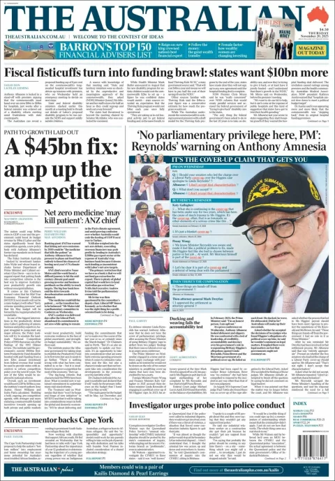 Portada de The Australian del jueves, 20 de noviembre de 2025