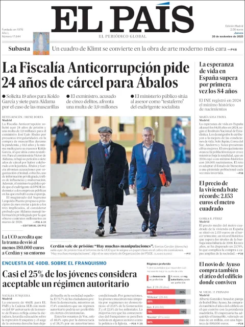Portada de El Pais del jueves, 20 de noviembre de 2025