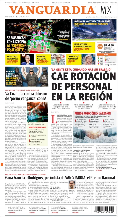 Portada de Vanguardia del jueves, 20 de noviembre de 2025