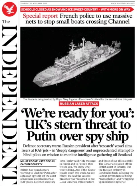 Portada de The Independent del jueves, 20 de noviembre de 2025