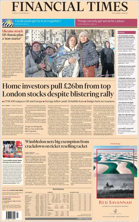 Portada de Financial Times del jueves, 20 de noviembre de 2025