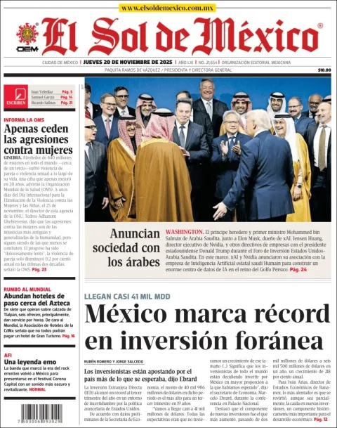 Portada de El Sol de Mexico del jueves, 20 de noviembre de 2025