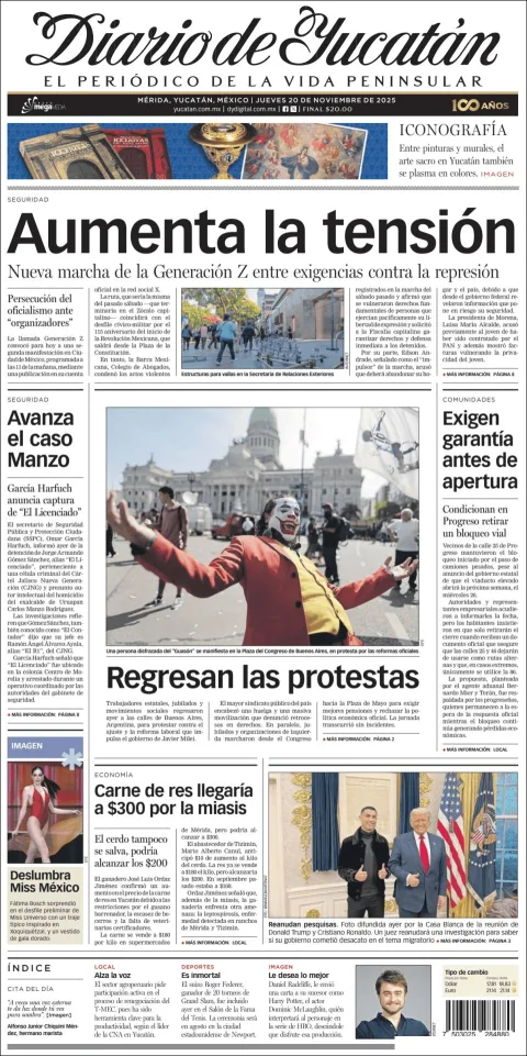Portada de Diario de Yucatán del jueves, 20 de noviembre de 2025