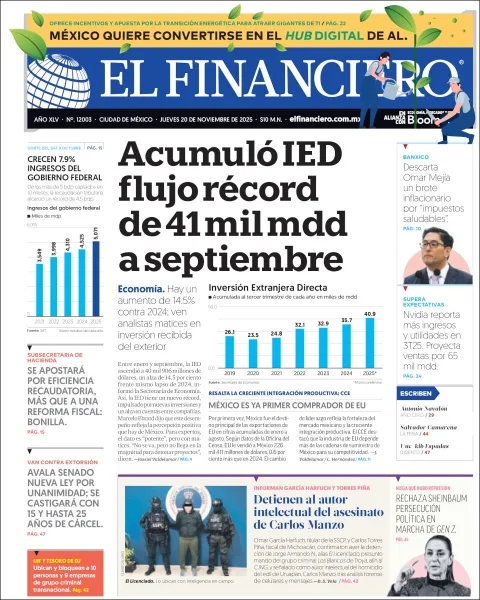 Portada de El Financiero del jueves, 20 de noviembre de 2025