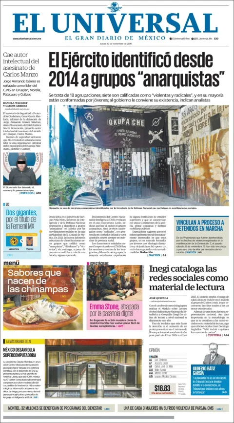 Portada de El Universal del jueves, 20 de noviembre de 2025