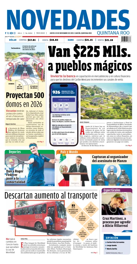 Portada de Novedades Quintana Roo del jueves, 20 de noviembre de 2025