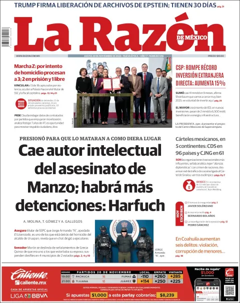 Portada de La Razon del jueves, 20 de noviembre de 2025