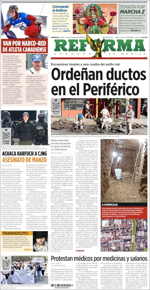 Portada de Reforma del jueves, 20 de noviembre de 2025