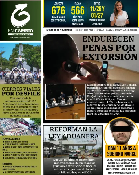 Portada de En Cambio - Quintana Roo (portada) del jueves, 20 de noviembre de 2025