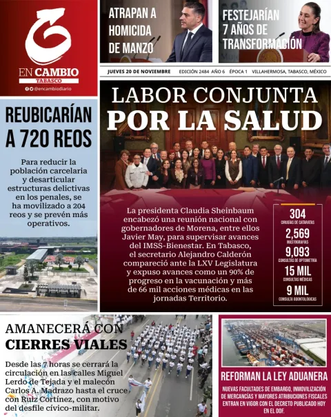 Portada de En Cambio - Tabasco (portada) del jueves, 20 de noviembre de 2025