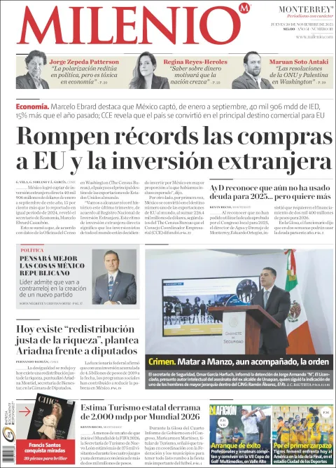 Portada de Milenio del jueves, 20 de noviembre de 2025