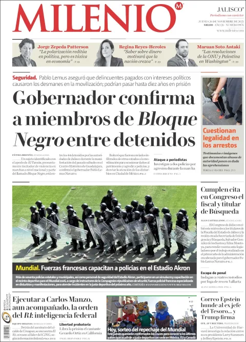 Portada de Milenio Jalisco del jueves, 20 de noviembre de 2025