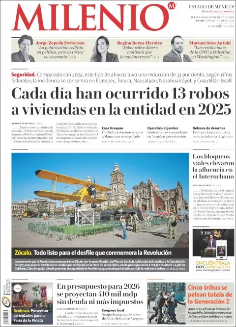 Portada de Milenio Edo de Mexico del jueves, 20 de noviembre de 2025