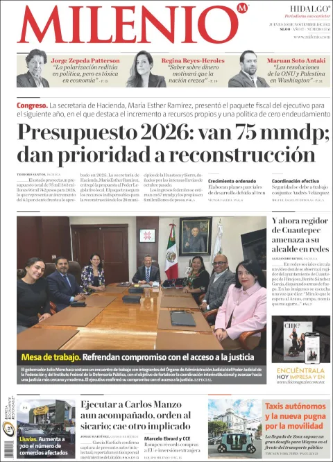 Portada de Milenio Hidalgo del jueves, 20 de noviembre de 2025
