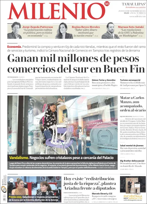 Portada de Milenio Tamaulipas del jueves, 20 de noviembre de 2025