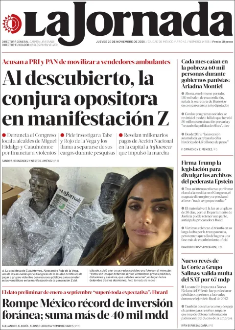 Portada de La Jornada del jueves, 20 de noviembre de 2025