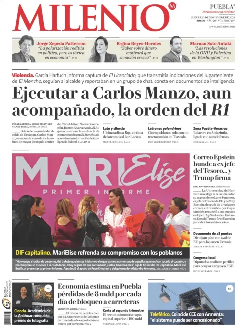 Portada de Milenio Puebla del jueves, 20 de noviembre de 2025