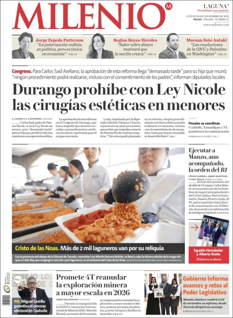 Portada de Milenio Laguna del jueves, 20 de noviembre de 2025