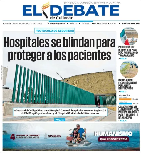 Portada de El Debate de Culiacan del jueves, 20 de noviembre de 2025