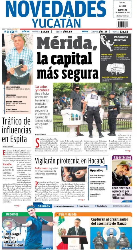 Portada de Novedades Yucatan del jueves, 20 de noviembre de 2025