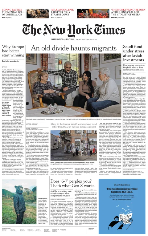 Portada de The New York Times (international) del viernes, 21 de noviembre de 2025