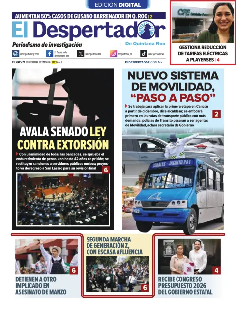 Portada de El Despertador de Quintana Roo del viernes, 21 de noviembre de 2025