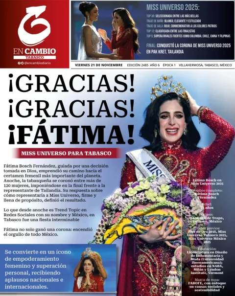 Portada de En Cambio - Tabasco (portada) del viernes, 21 de noviembre de 2025