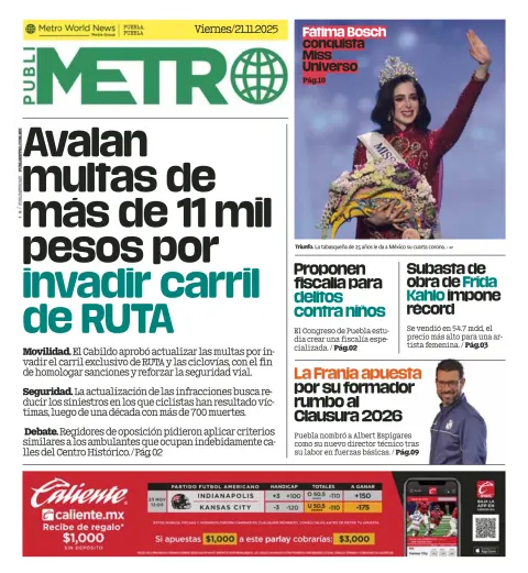 Portada de Publimetro Puebla del viernes, 21 de noviembre de 2025