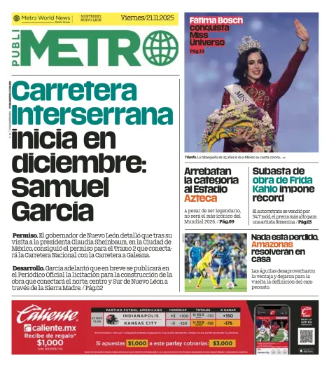 Portada de Publimetro Monterrey del viernes, 21 de noviembre de 2025