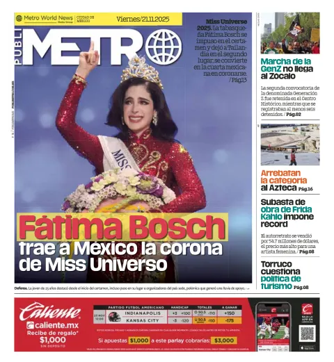 Portada de Publimetro Nacional del viernes, 21 de noviembre de 2025