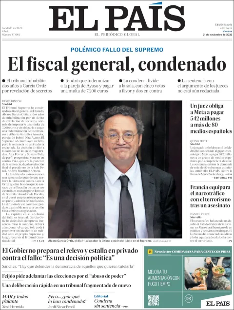 Portada de El Pais del viernes, 21 de noviembre de 2025