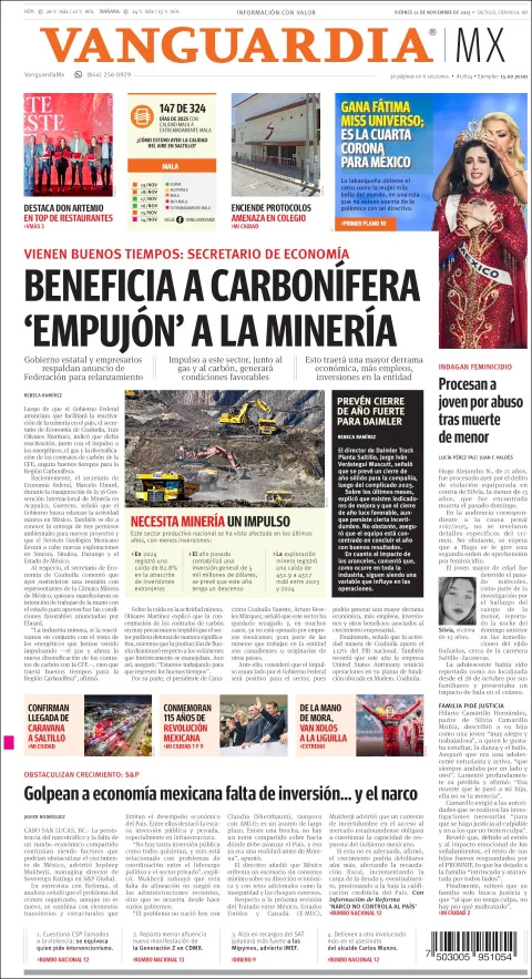 Portada de Vanguardia del viernes, 21 de noviembre de 2025