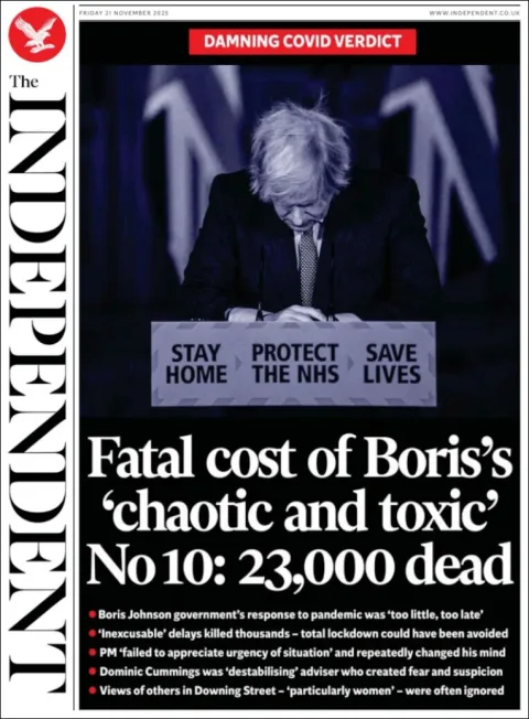 Portada de The Independent del viernes, 21 de noviembre de 2025