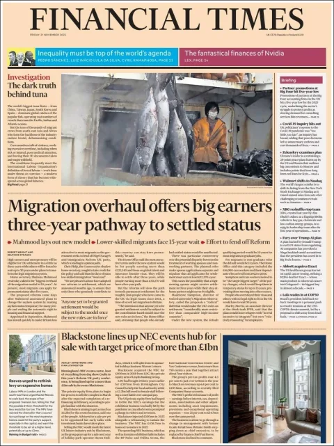 Portada de Financial Times del viernes, 21 de noviembre de 2025