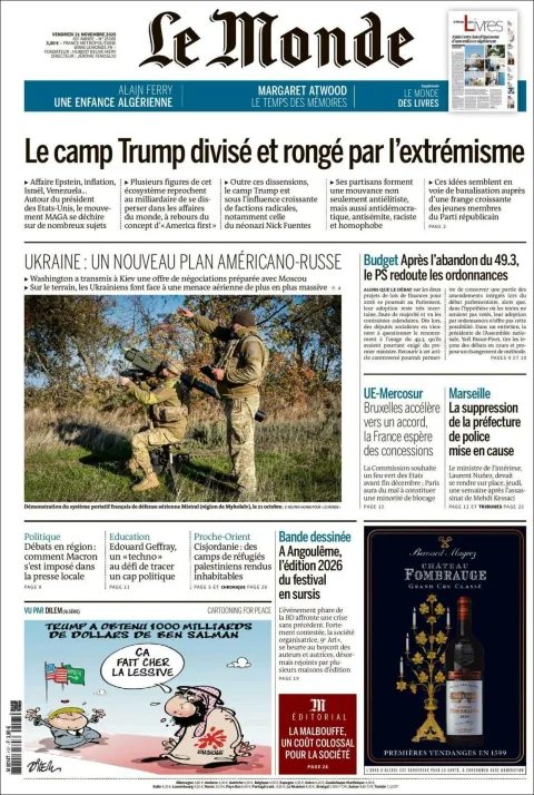 Portada de Le Monde del viernes, 21 de noviembre de 2025