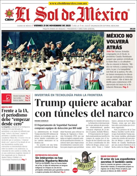Portada de El Sol de Mexico del viernes, 21 de noviembre de 2025